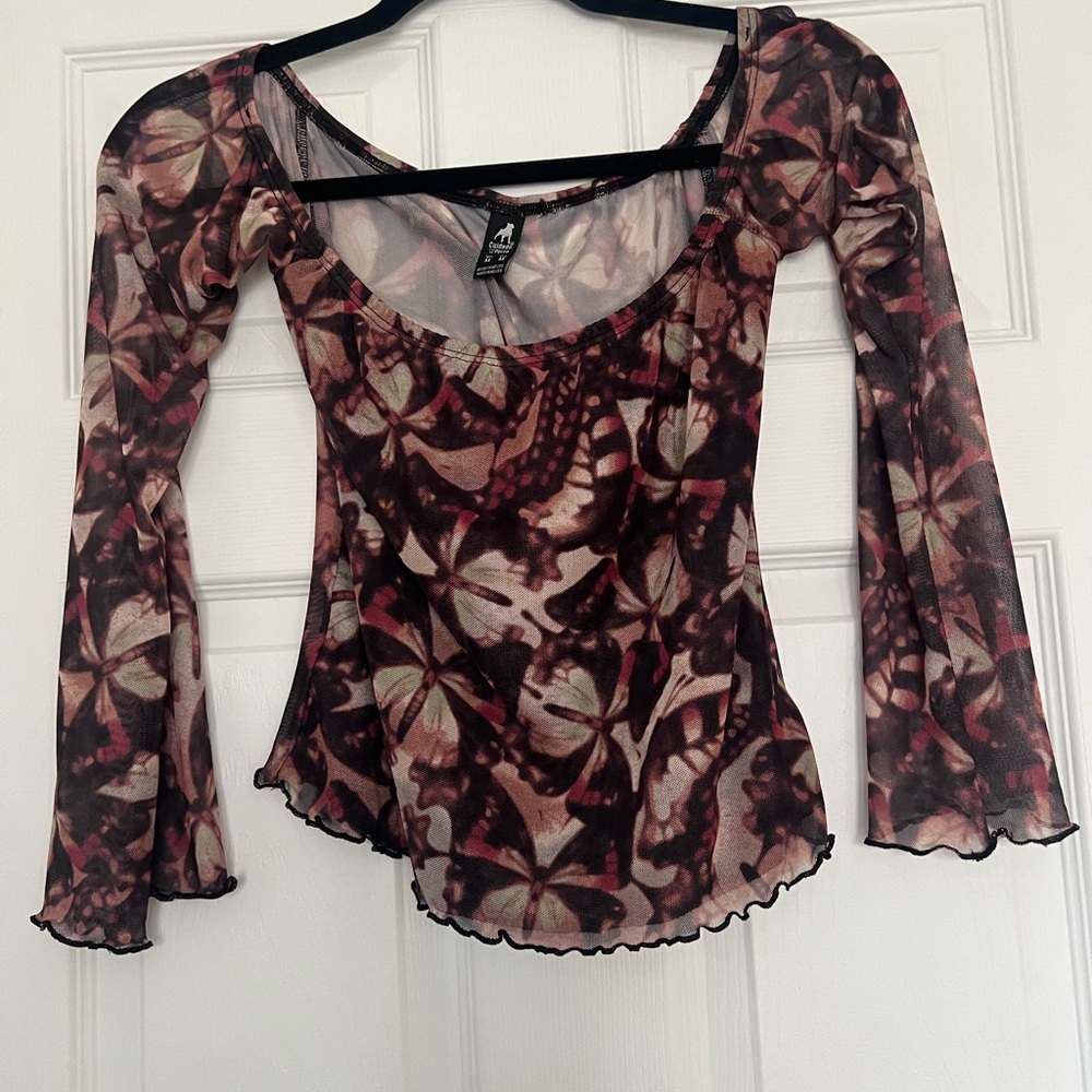 Sheer Butterfly Mesh Long-Sleeve Top - Pink/Burgundy